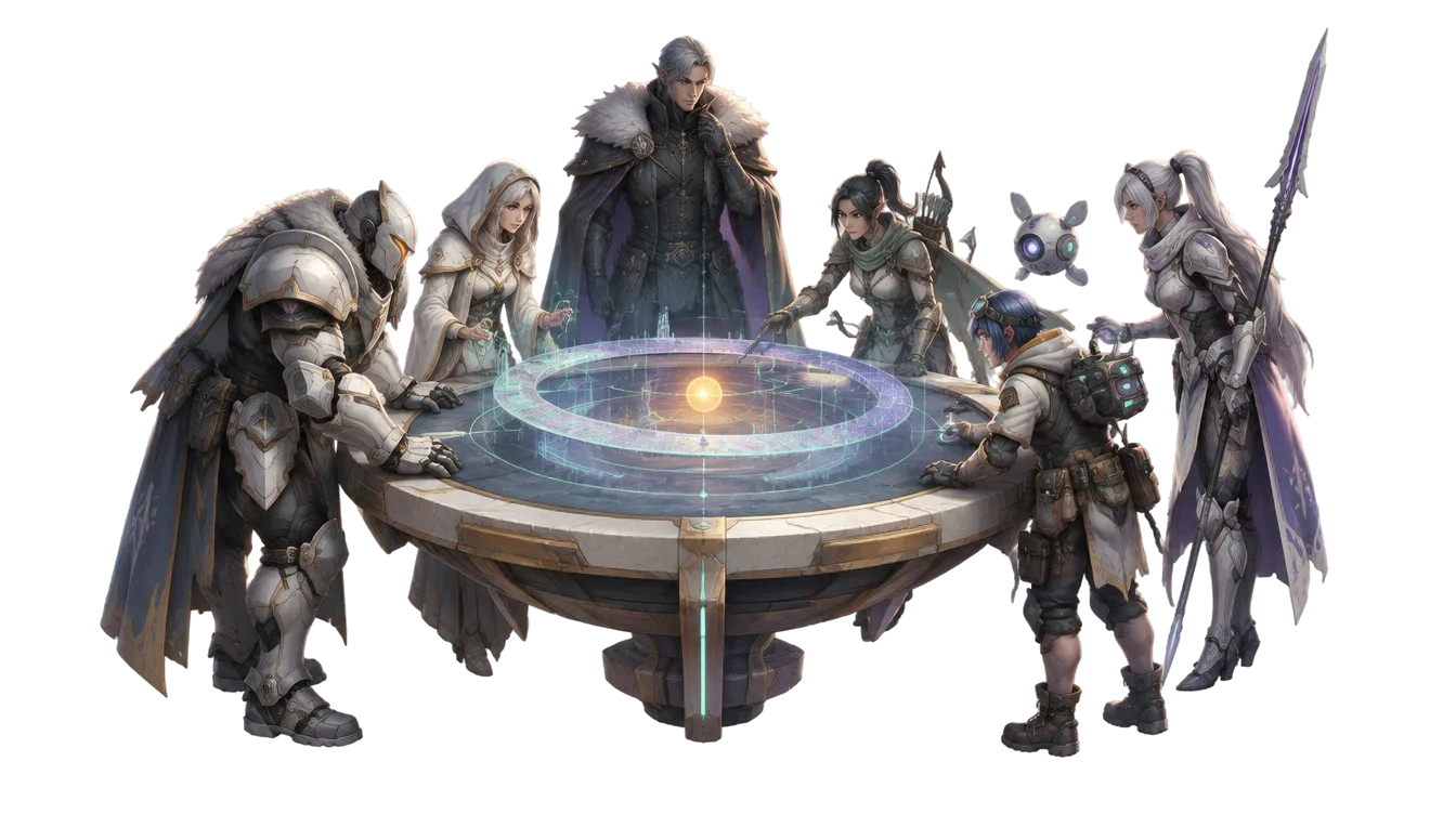 Enam anggota guild mengelilingi meja peta hologram yang menampilkan diagram cincin.